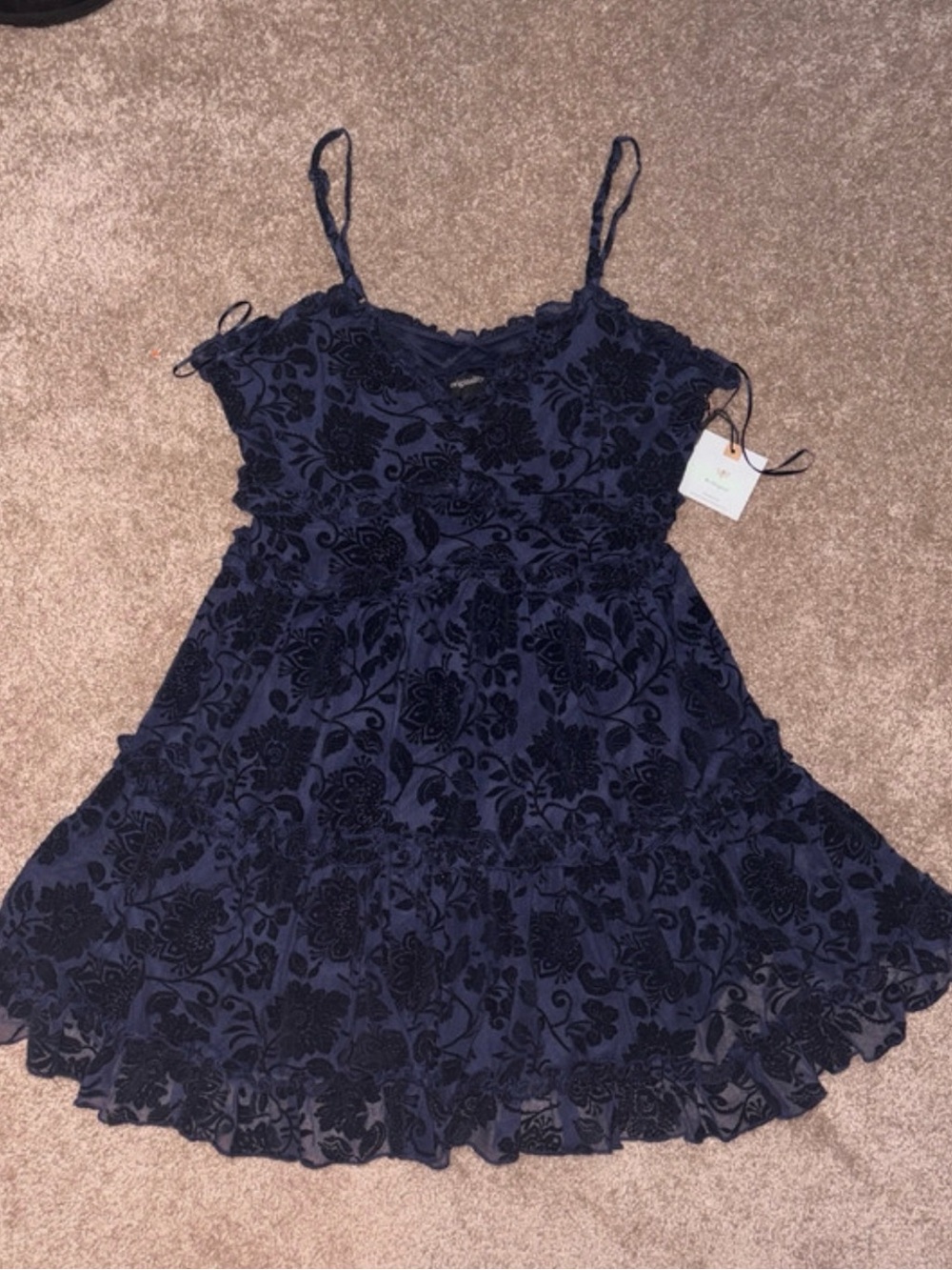 Dry Goods Originality Navy Blue Floral Velvet Burnout Tiered Slip Dress